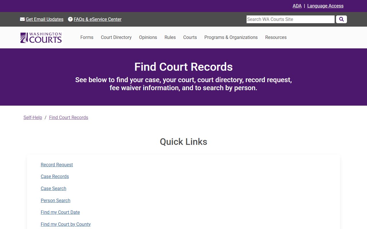 Washington Courts find court records help page for Snohomish County clerk court records