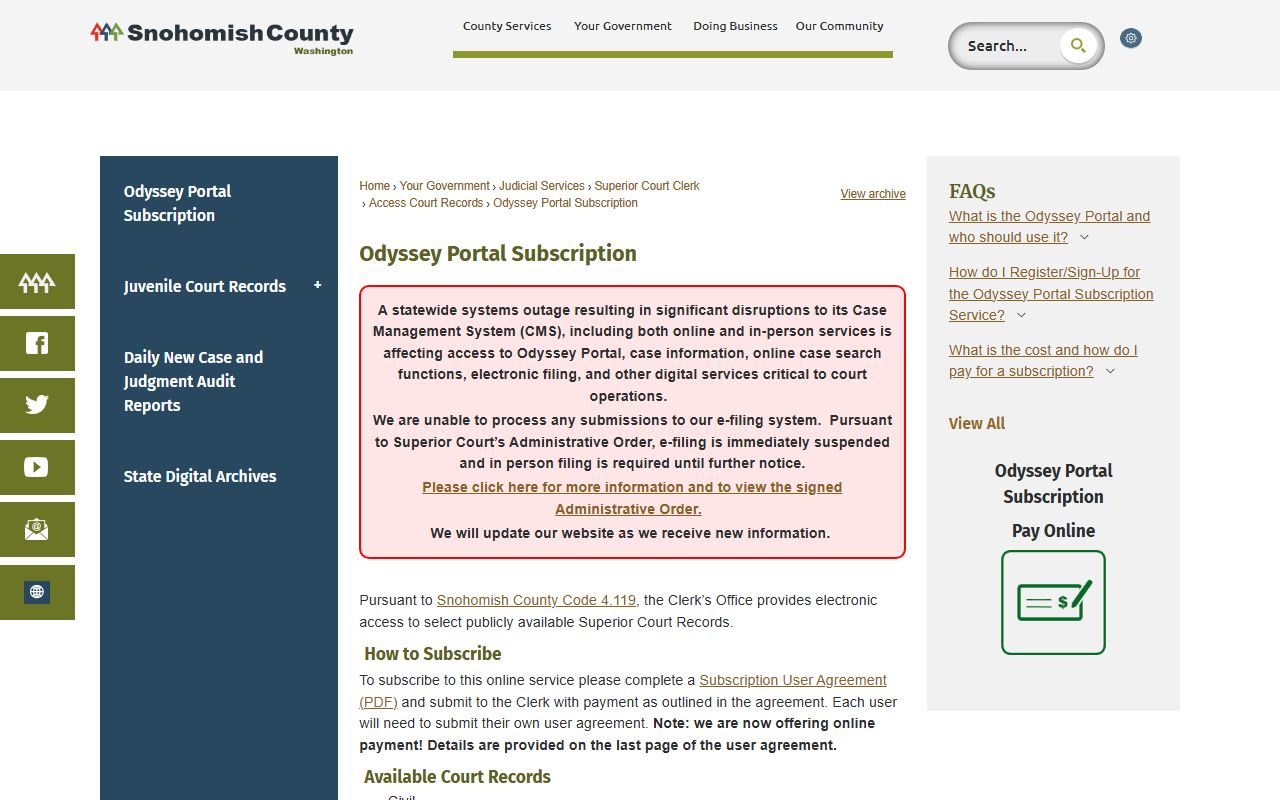 Snohomish County clerk Odyssey Portal subscription page for court records