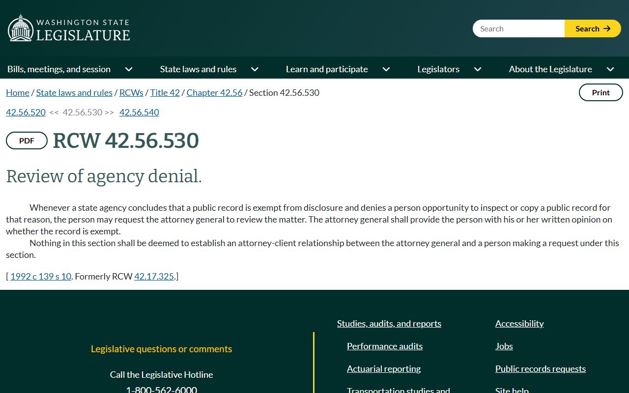 RCW 42.56.530 agency denial review statute for Snohomish County court records and public records