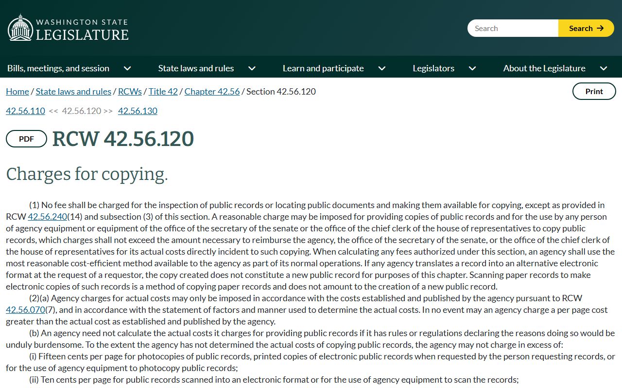 RCW 42.56.120 copy charge statute for Snohomish County court records and public records