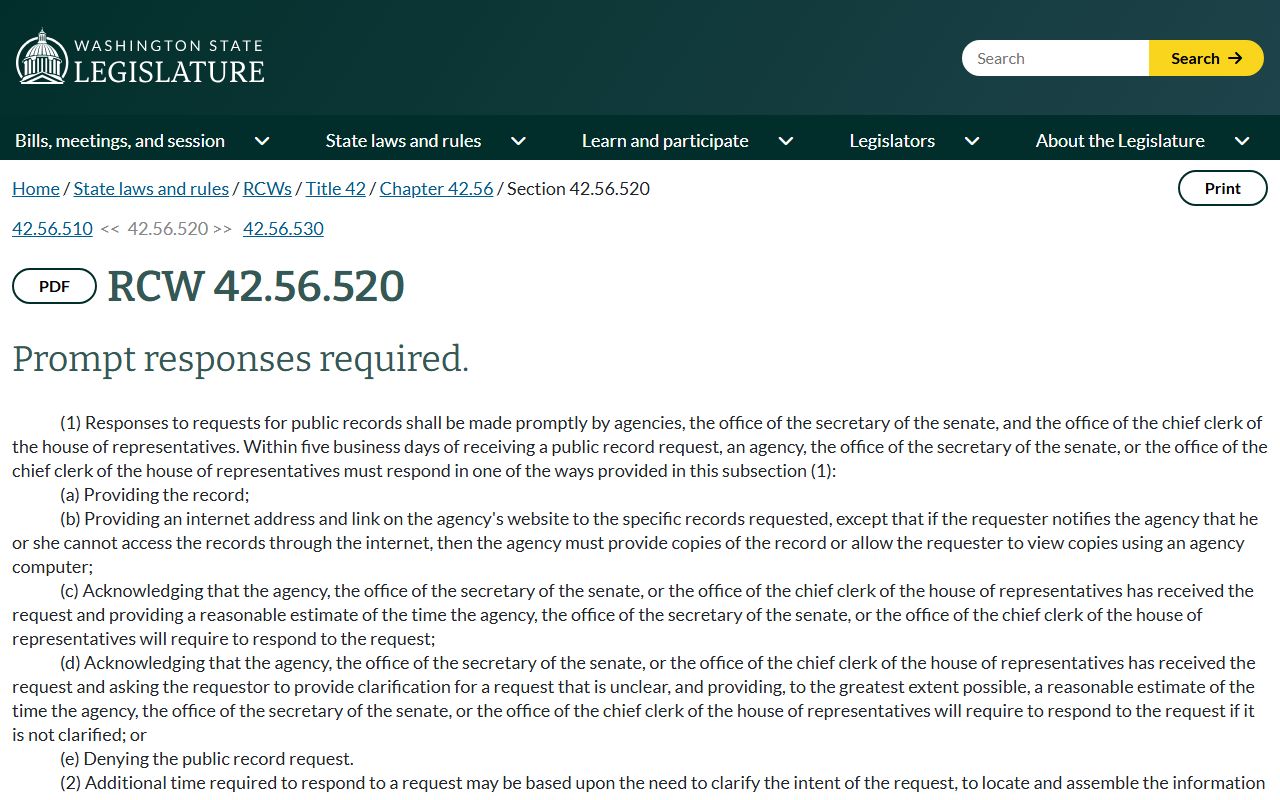 RCW 42.56.520 prompt response statute for Snohomish County court records and public records requests