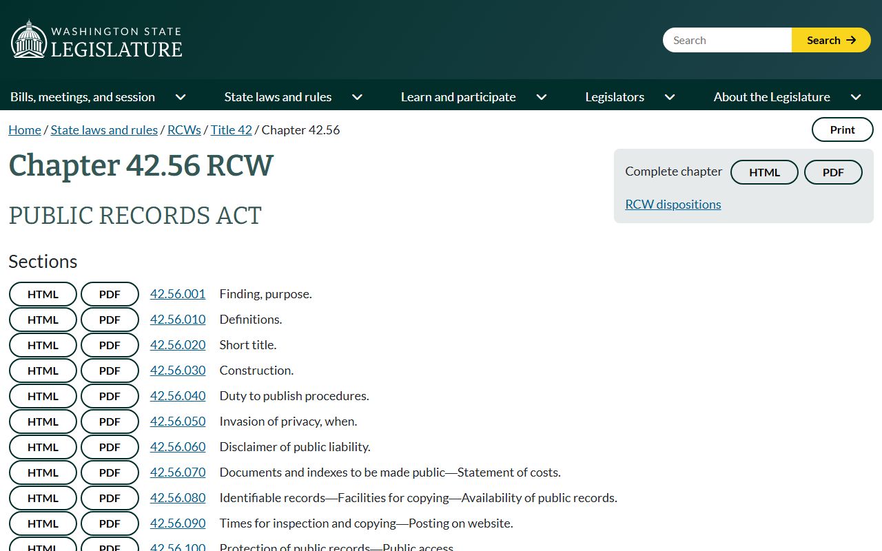 Washington Public Records Act statute page for Snohomish County court records access