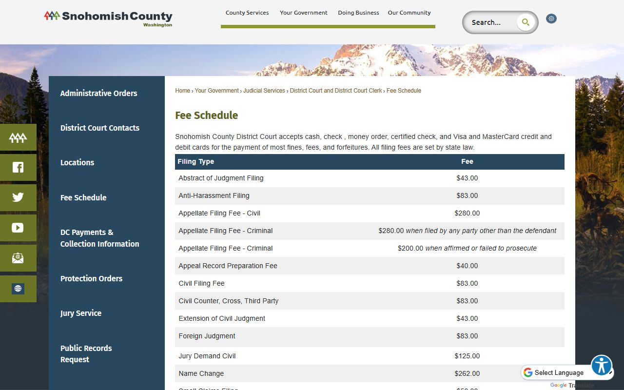 Snohomish County District Court fee schedule page showing filing and court records copy costs