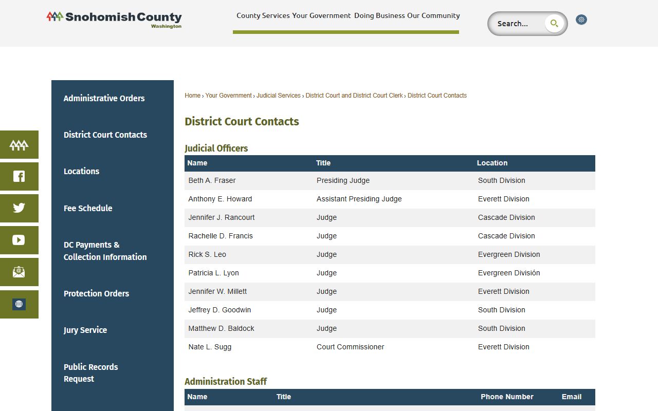 Snohomish County District Court contacts page listing division phone numbers and court records staff
