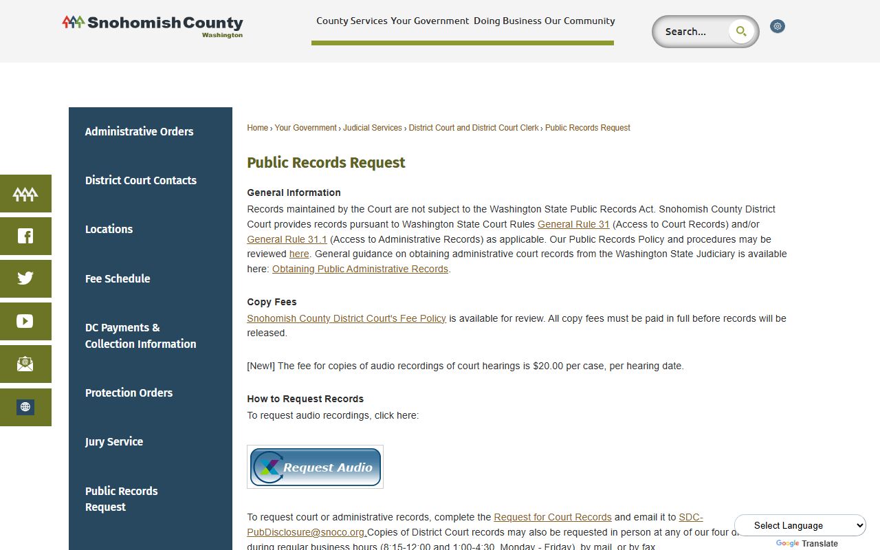 Snohomish County public records request page describing how to ask for District Court records