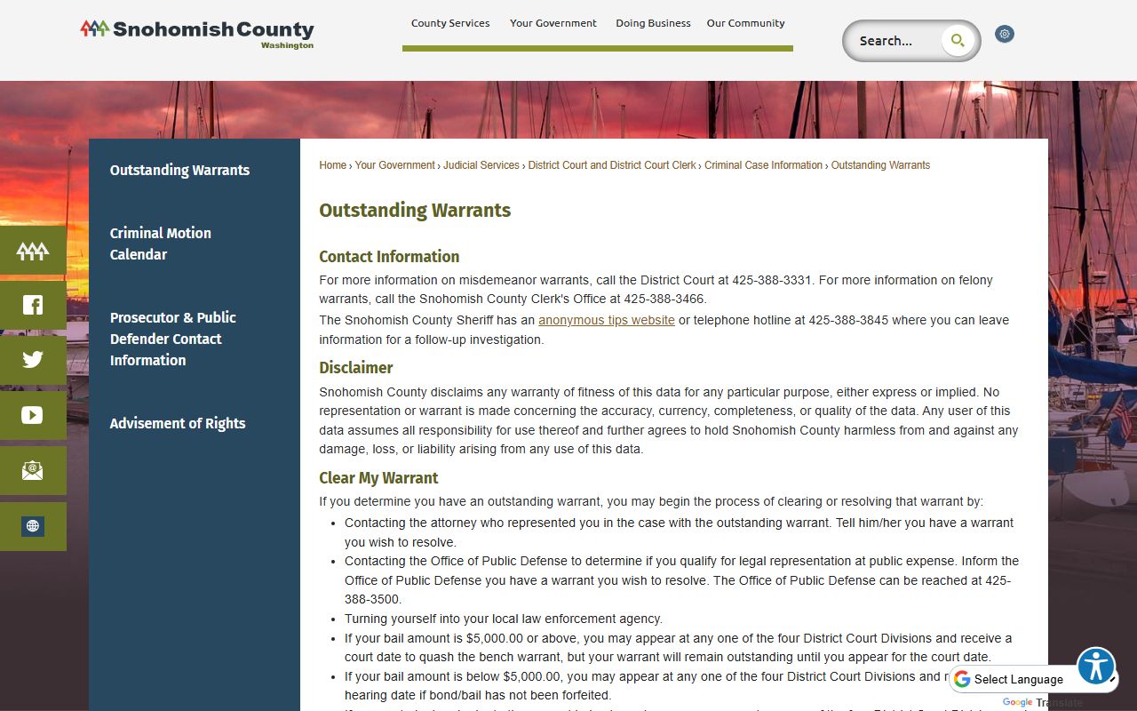 Snohomish County outstanding warrants page tied to District Court records and warrant clearing steps