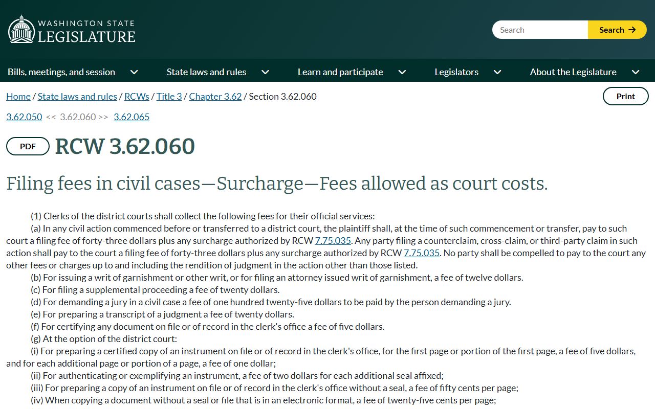 Washington RCW 3.62.060 statute page tied to Snohomish County District Court records fees