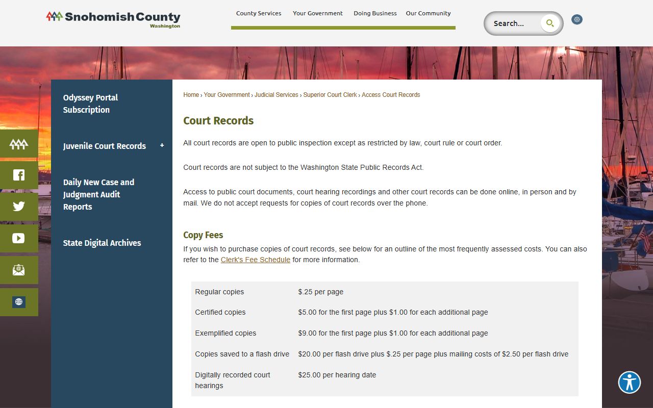 Snohomish County clerk Access Court Records page with online and mail options
