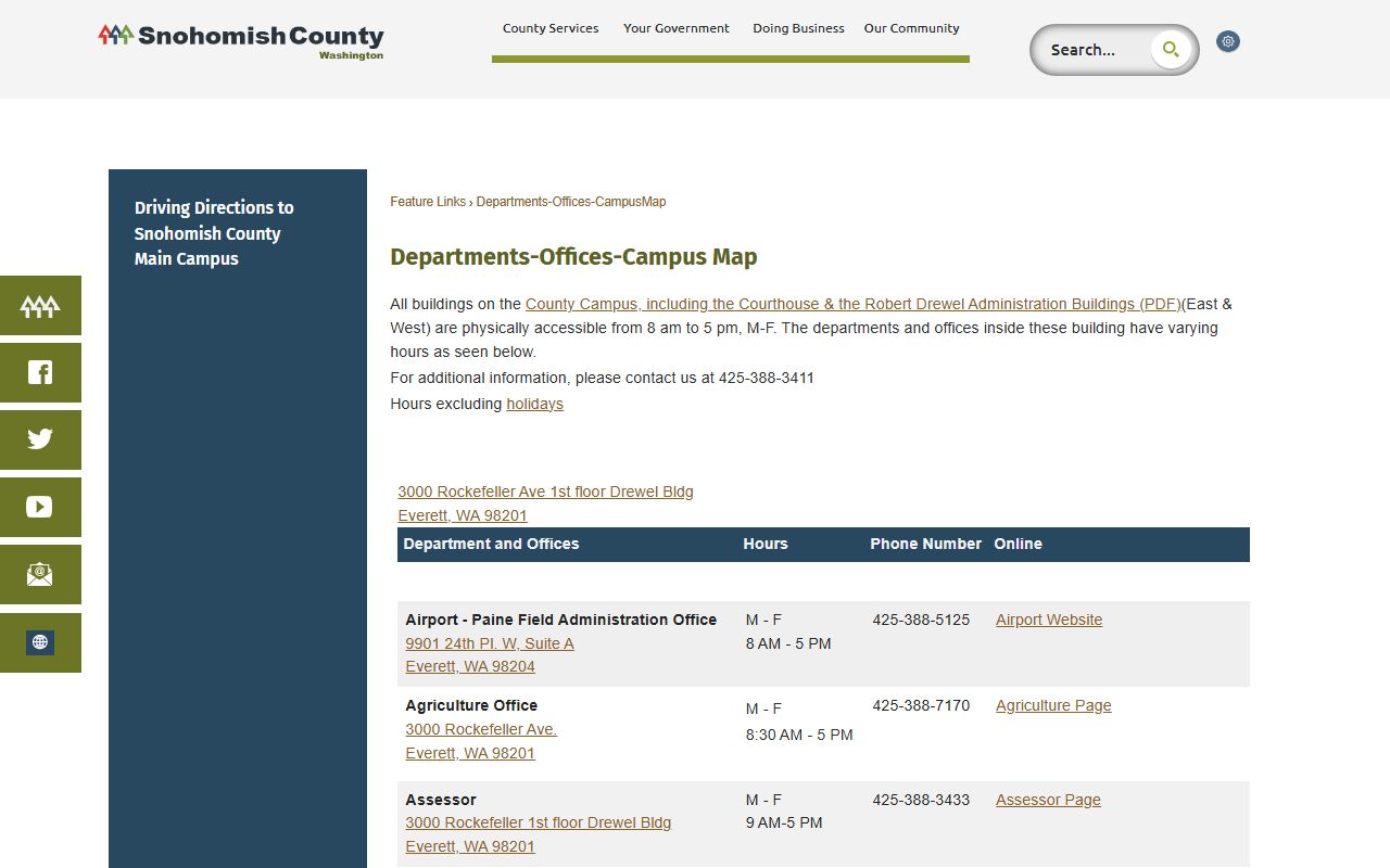 Snohomish County campus map for the Everett courthouse and court records offices