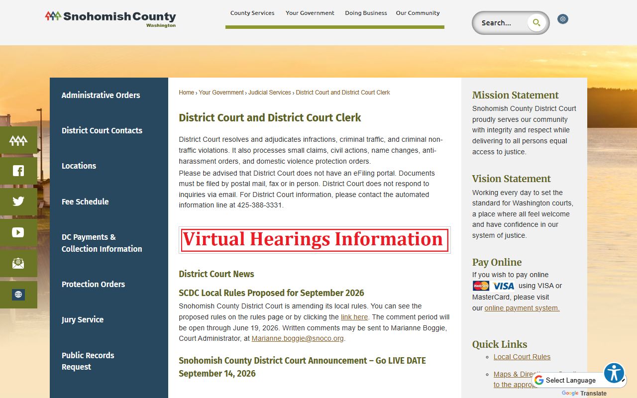Snohomish County District Court home page describing jurisdiction and court records