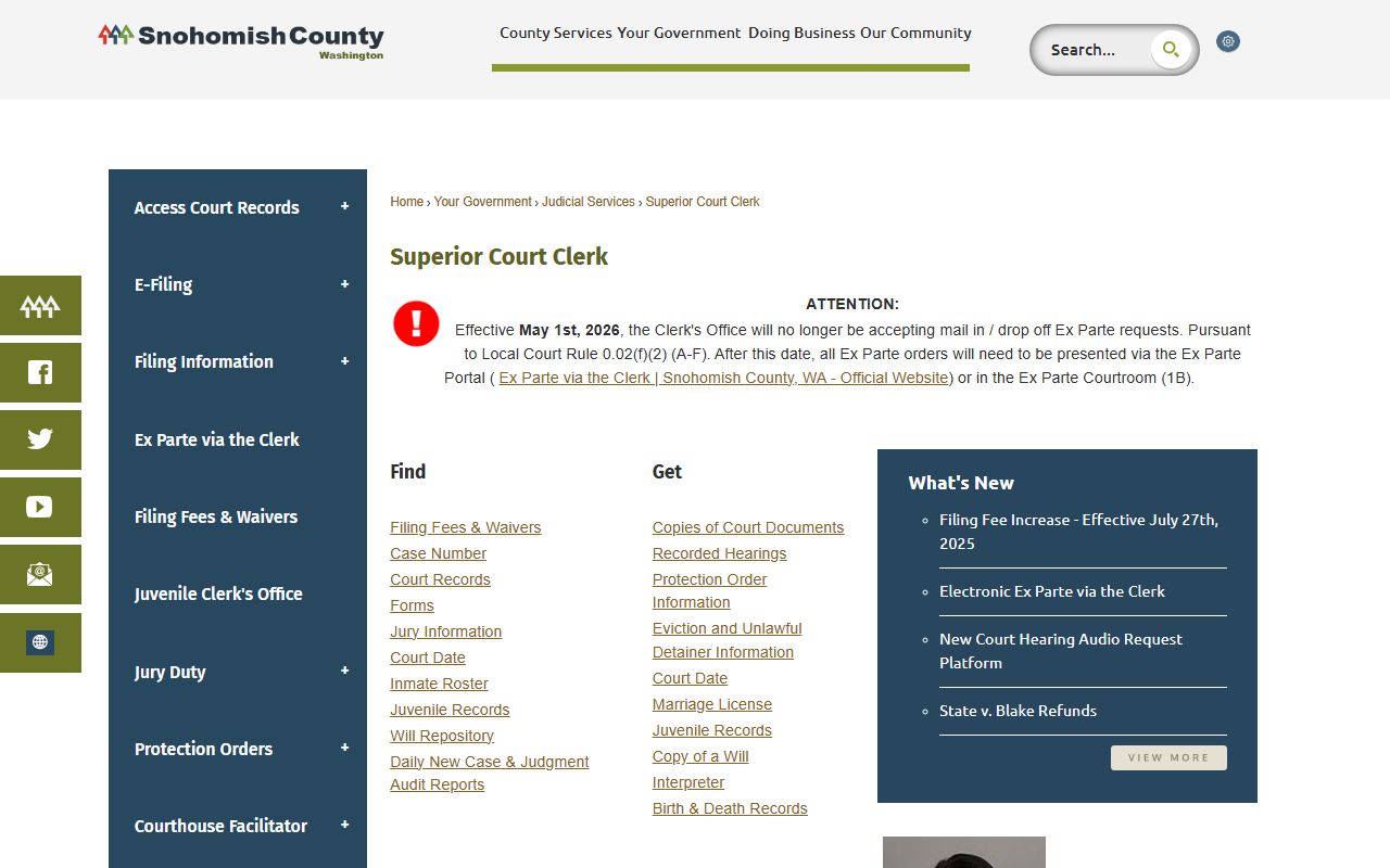 Snohomish County Superior Court Clerk home page for court records