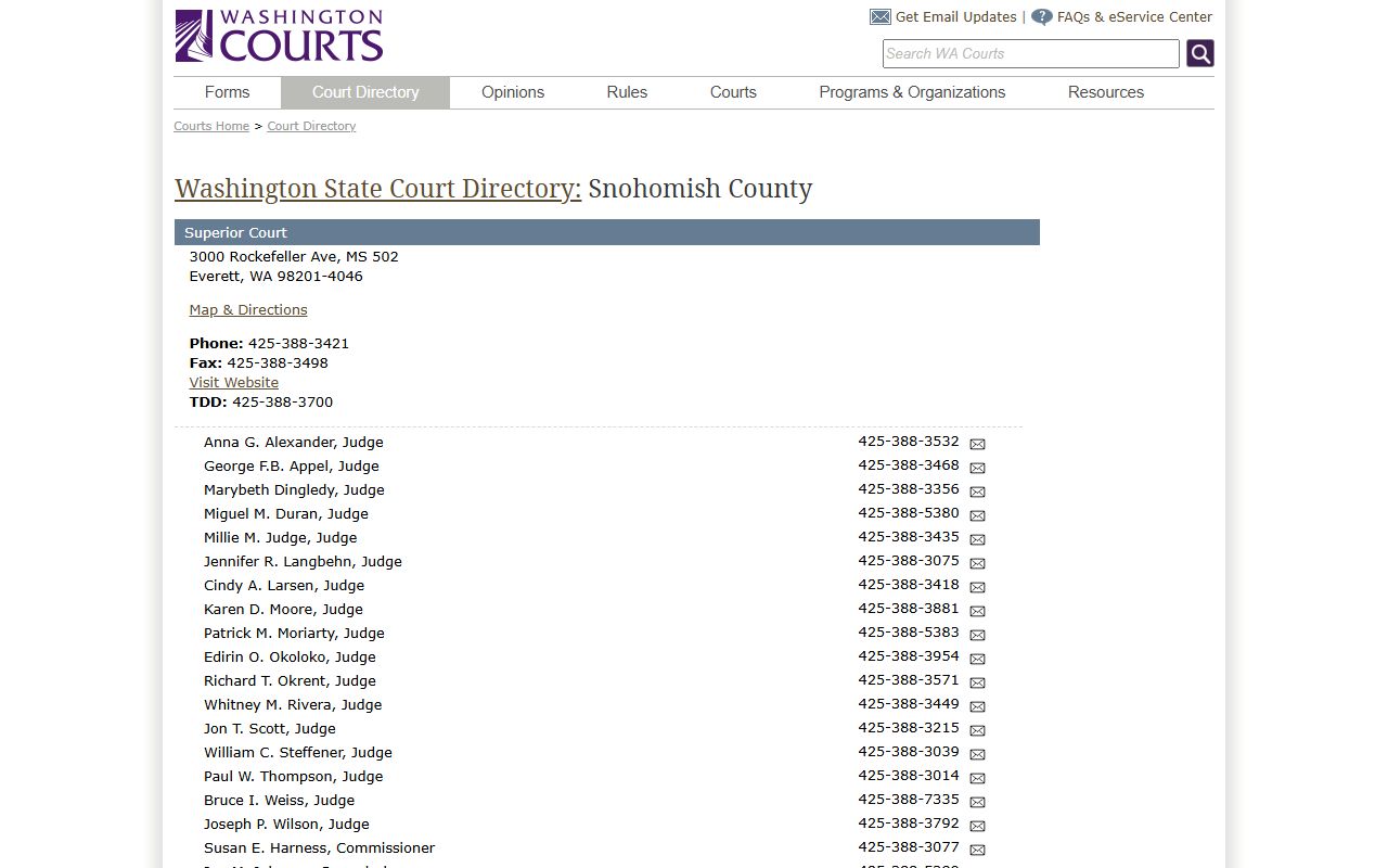 Washington Courts directory for Snohomish County court records and judges