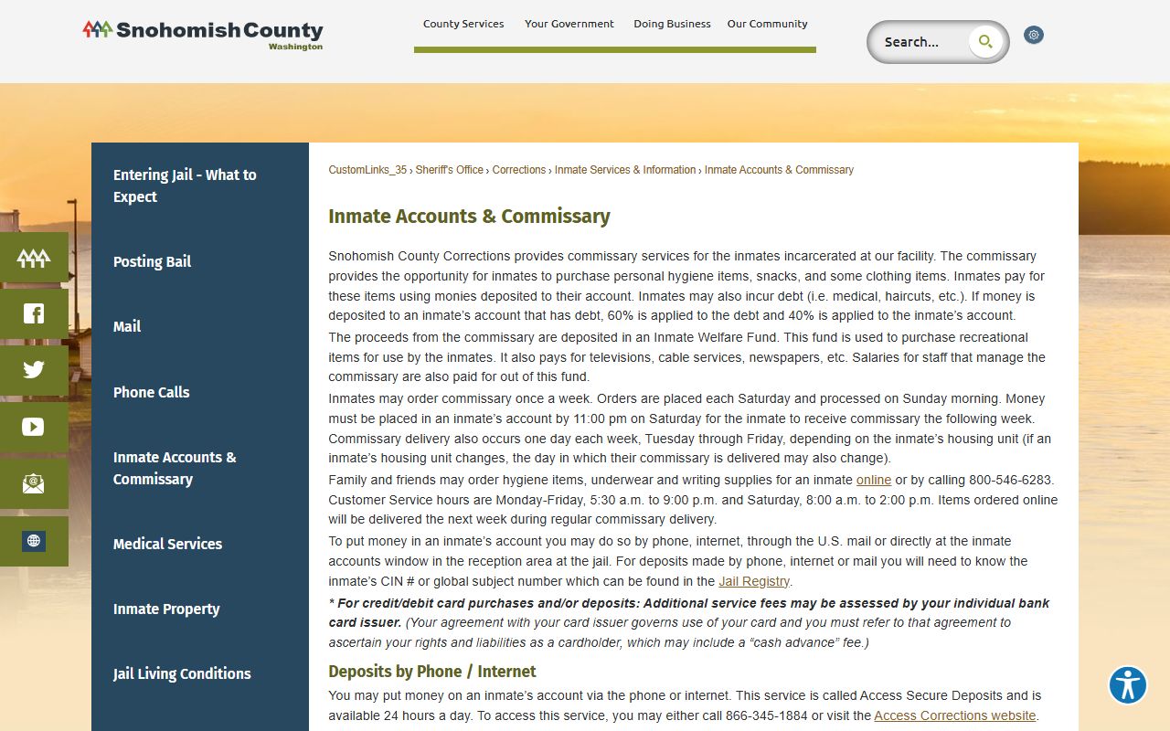 Snohomish County jail inmate accounts and commissary deposit options