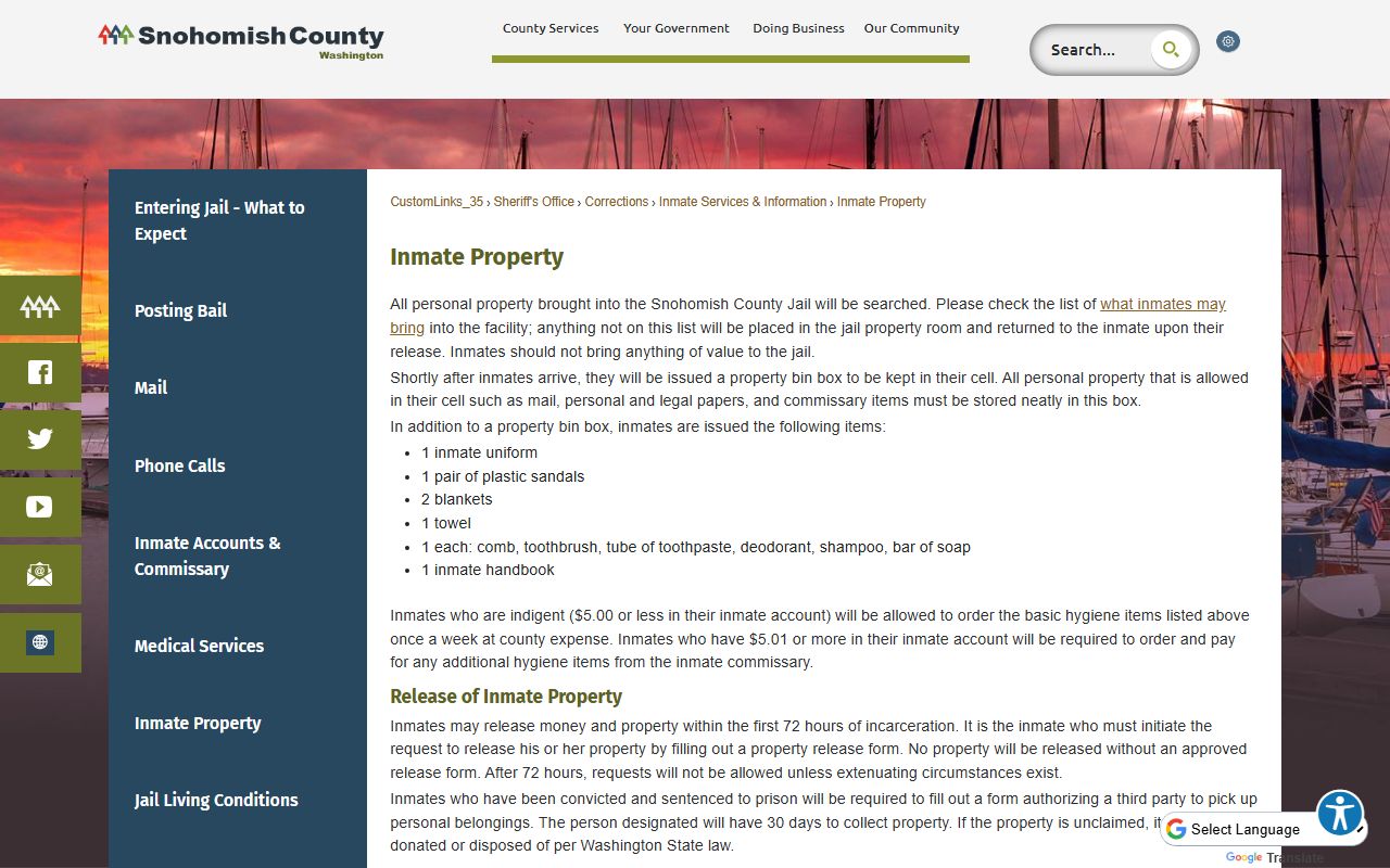 Snohomish County jail inmate property handling policy
