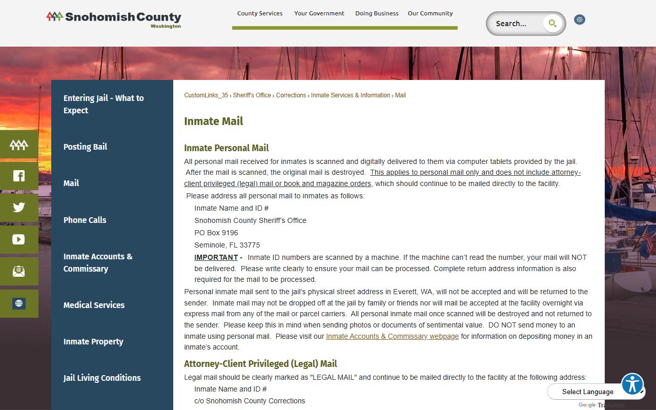 Snohomish County jail inmate mail scanning rules and address