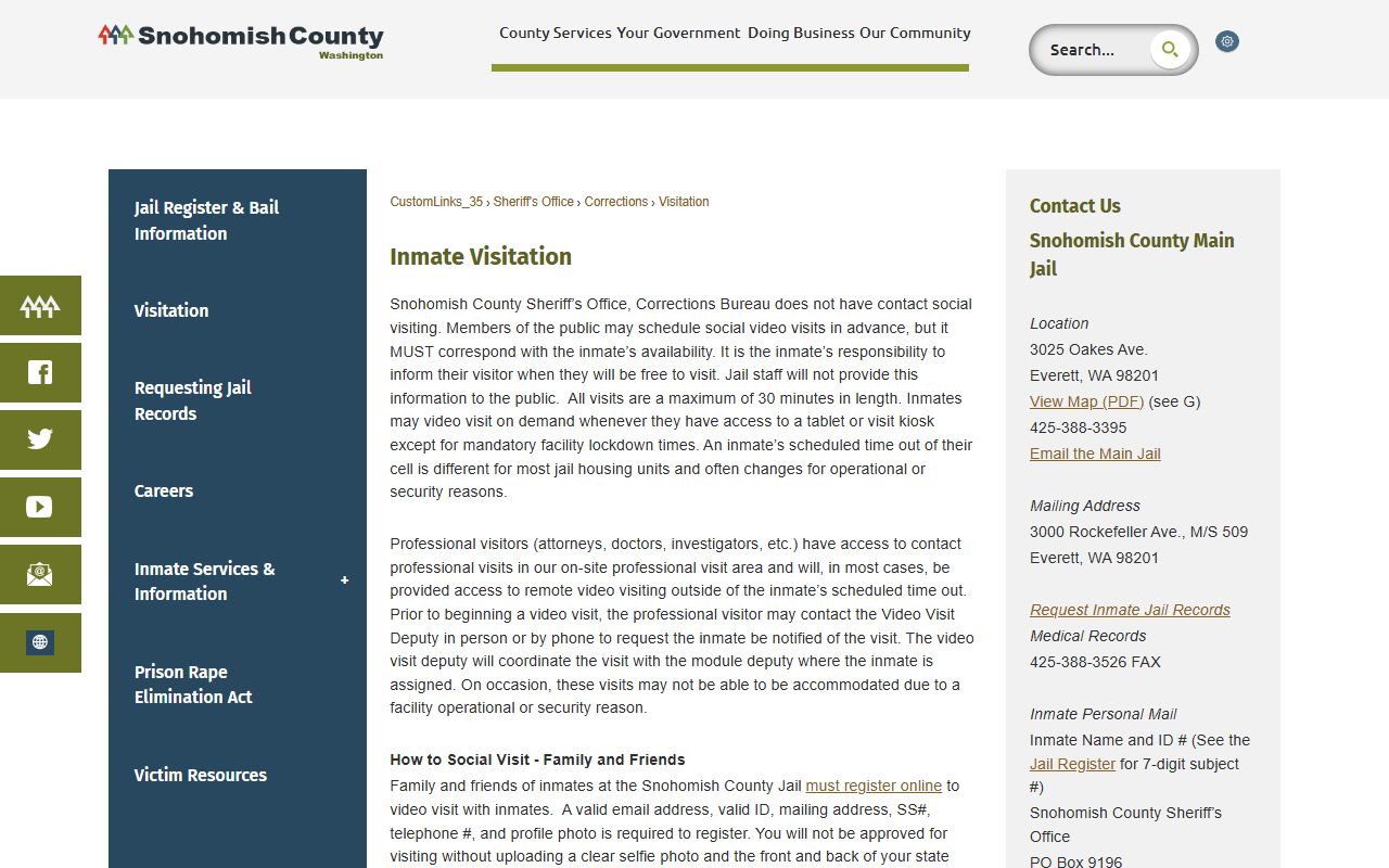 Snohomish County jail visitation rules for inmate video visits