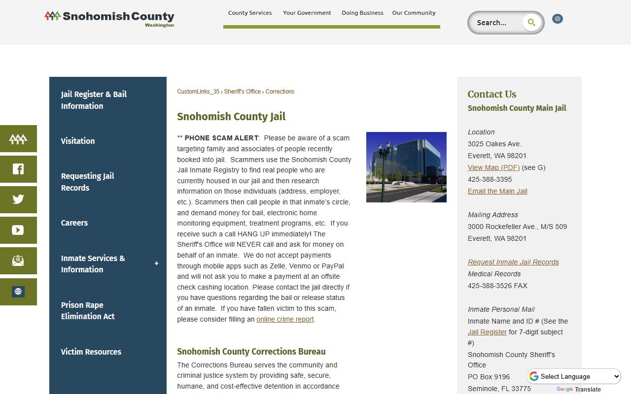 Snohomish County inmate Corrections Bureau jail page