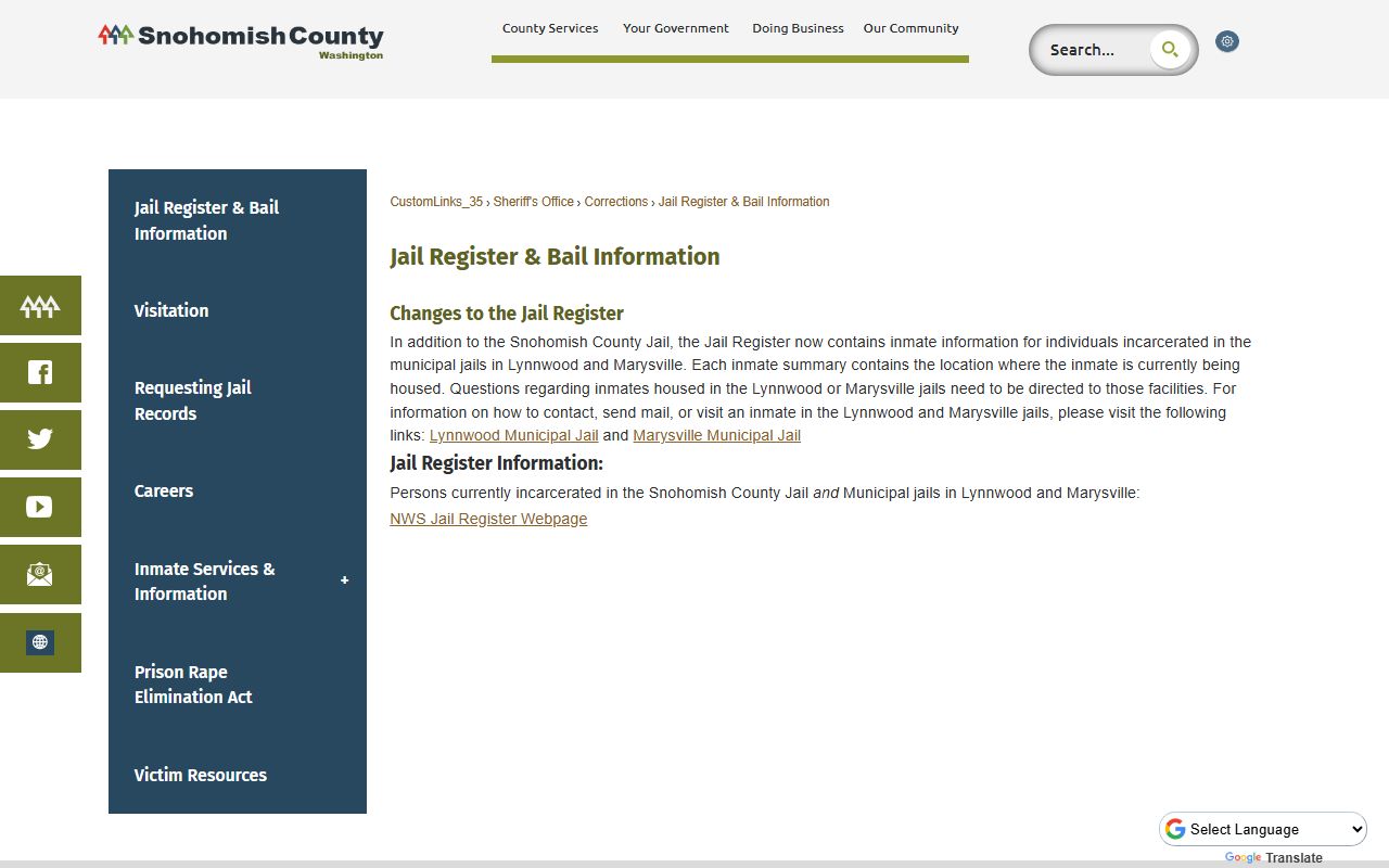 Snohomish County inmate jail register and bail information page
