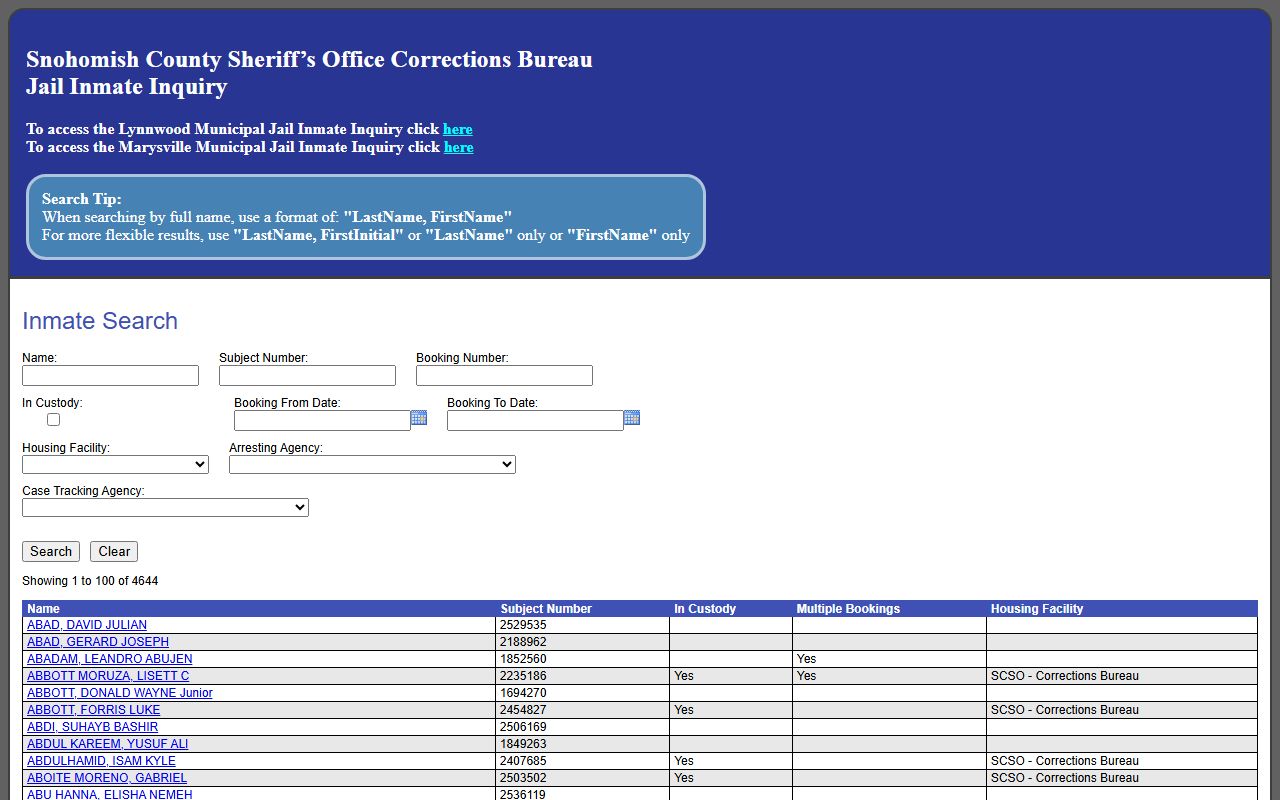 Snohomish County inmate NWS jail register search form