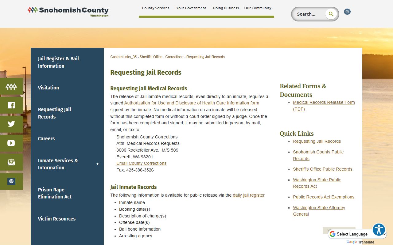 Snohomish County inmate requesting jail records page