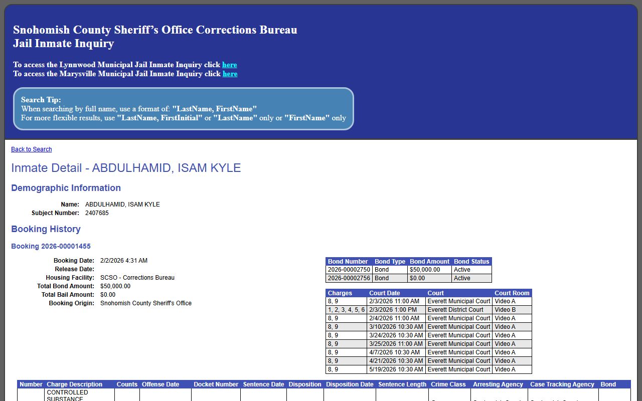 Snohomish County inmate sample profile detail page