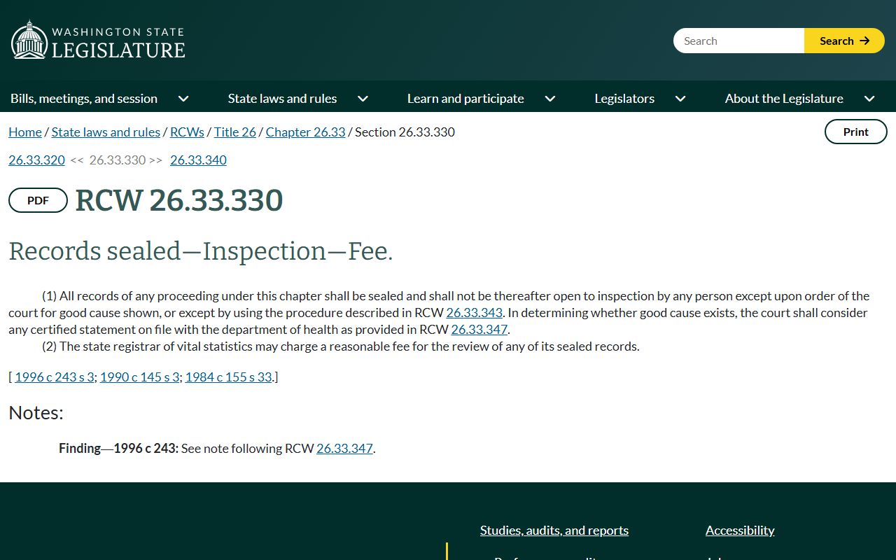 Washington RCW 26.33.330 adoption confidentiality statute related to Snohomish County divorce records