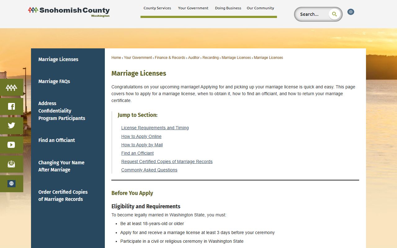 Snohomish County marriage license information page from the Recording office
