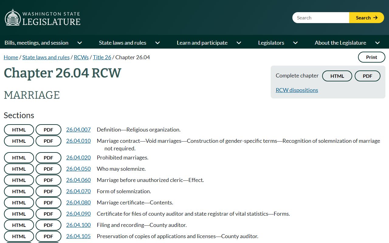Washington RCW 26.04 marriage statute used for Snohomish County marriage records