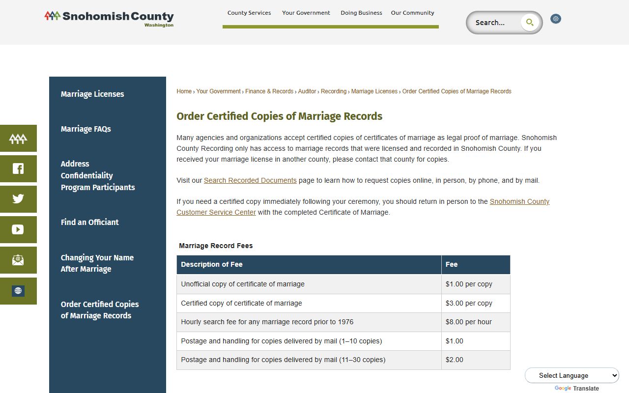 Snohomish County order certified copies of marriage records page