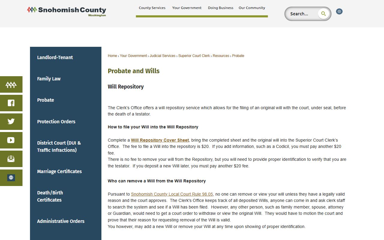 Snohomish County probate and will records page from the County Clerk