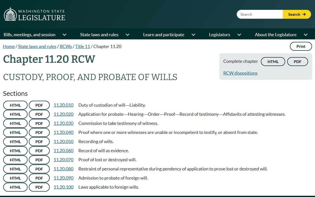 RCW 11.20 statute governing probate of wills in Snohomish County records