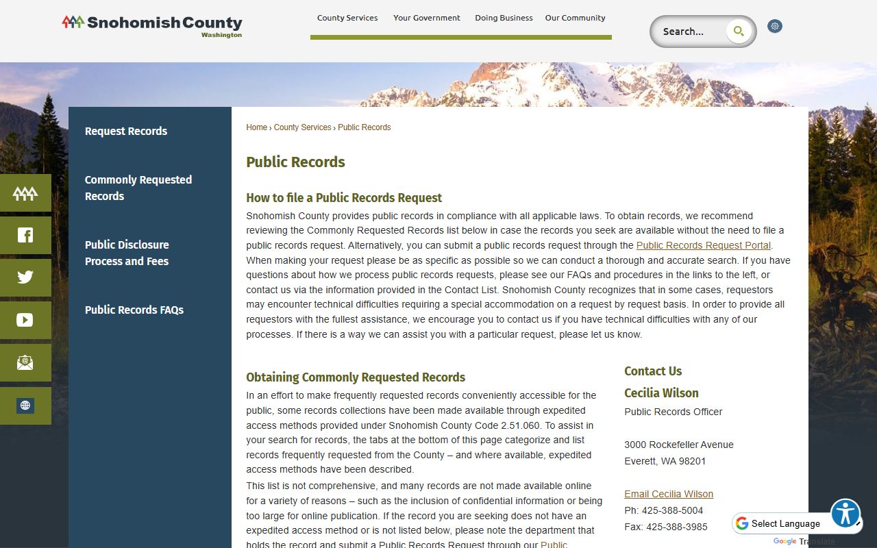 Snohomish County public records request portal page