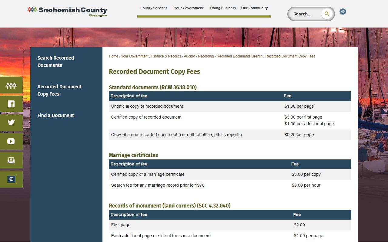 Snohomish County public records recorded document copy fees schedule