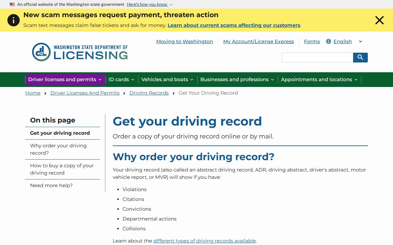 Snohomish County traffic court records Washington DOL driving record request page