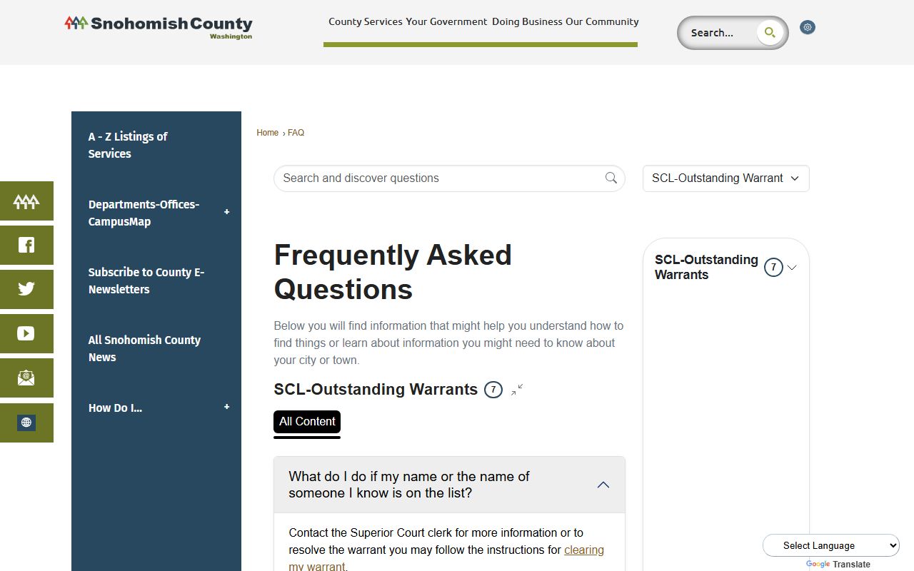 Snohomish County warrant records clerk FAQ page