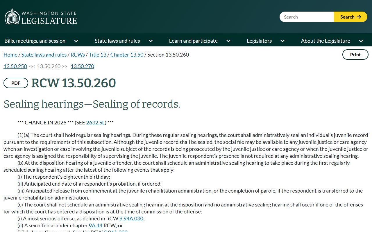 Snohomish County warrant records juvenile record sealing RCW 13.50.260 statute